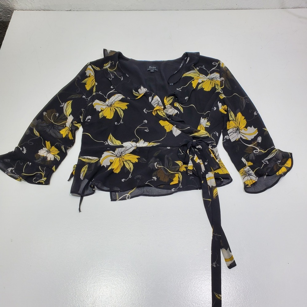 Bardot Women's Wrap Blouse Large‎ Black Floral V Neck Bell Sleeves Office Classy - Picture 4 of 14